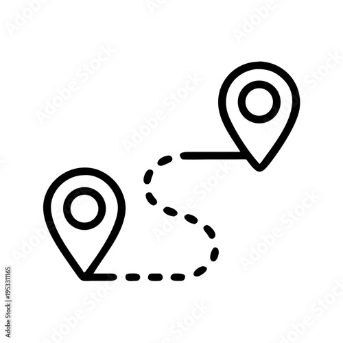 Route between two location pointers with a solid and dashed line, travel path illustration