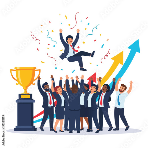 Team celebrates success with trophy, confetti, and rising graph