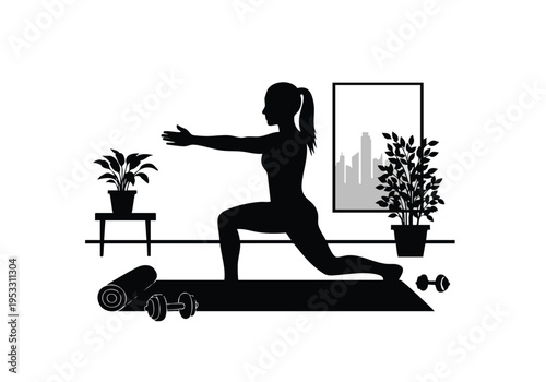 Silhouette of a woman performing a lunge exercise on a yoga mat with dumbbells and plants in the background