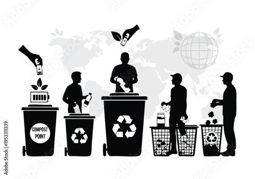 Environmental protection and recycling illustration with global map and people sorting waste into bins