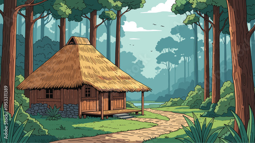 Traditional wooden hut with a thatched roof stands peacefully in a lush forest with tall trees and a winding dirt path under a clear sky.