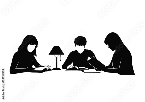Students diligently reading books in a well-lit study area, illuminated by a desk lamp, symbolizing education and learning as they prepare for exams or research subjects in quiet concentration