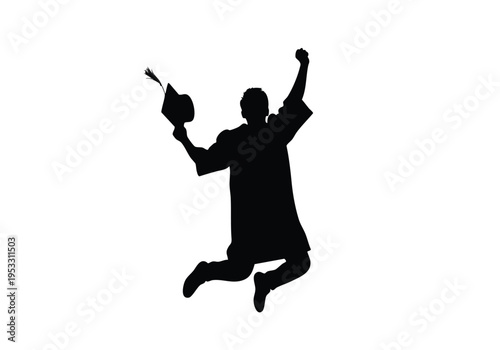 Silhouette of a joyful graduate in a cap and gown leaping in celebration, embodying academic achievement and success