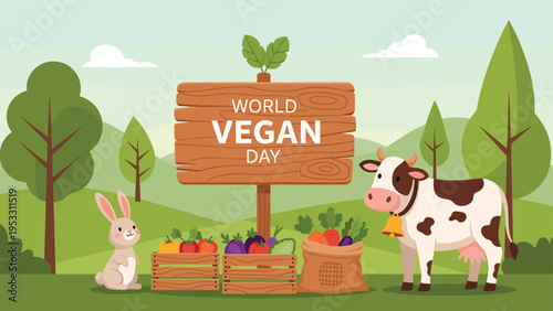 Illustration for world vegan day features a cow, a rabbit, and fresh vegetables gathered around a rustic wooden sign in a grassy landscape.