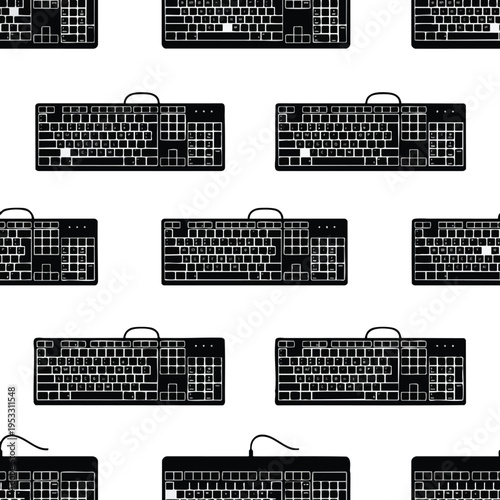 Black computer keyboards on a white background, creating a repetitive pattern