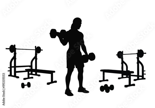 Silhouette of a person lifting weights at a gym with benches and dumbbells, representing fitness and exercise