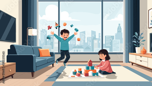 Two happy children play with colorful building blocks in a modern living room featuring a large window with a view of a sprawling city skyline.