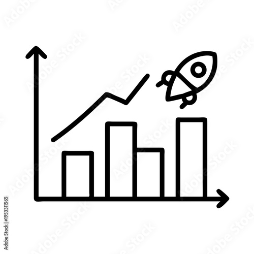 Rocket accelerating up bar graph with rising arrow for business performance and success