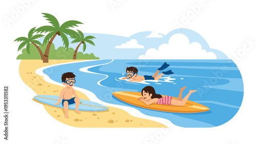 Children have fun surfing and snorkeling in a clear blue tropical ocean with palm trees and soft white clouds in the bright summer sky above.