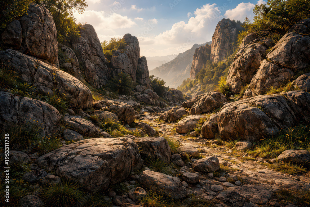 Obraz premium Breathtaking rocky landscape with mountains and lush vegetation under a cloudy sky.