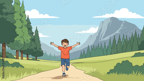 Happy young boy runs with his arms wide open along a path in a beautiful mountain valley surrounded by tall pine trees and a clear sky.