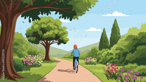 Person enjoys a peaceful bicycle ride along a winding path through a beautiful garden filled with colorful flowers and lush green trees.