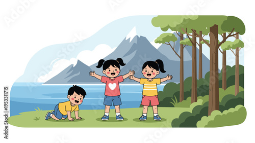 Three happy children play together on a grassy field near a dense forest and a sparkling blue lake with majestic mountains in the distance.