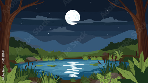 Serene night scene shows a large full moon reflecting in a calm pond surrounded by dark trees, mountains, and tall grass under a starry sky.