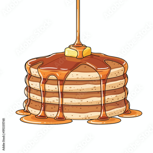 Stacked pancakes with melting butter and dripping golden syrup