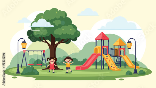 Two happy girls play on a colorful playground with slides, swings, and a large green tree in a pleasant park environment under a sunny sky.