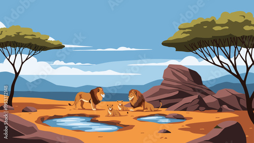 Pride of lions including cubs rests near small watering holes in the vast african savanna with flat-topped trees and rocky hills in the distance.
