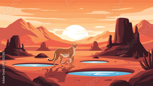 Cheetah stands with its cub in a rocky desert landscape with small watering holes and distant mountains under a warm sunset or sunrise sky.