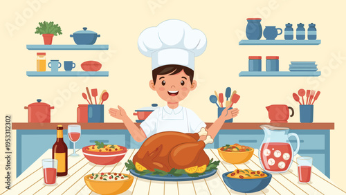 Proud young chef in a white hat presents a large roasted turkey on a table set with many side dishes and drinks in a bright blue kitchen.