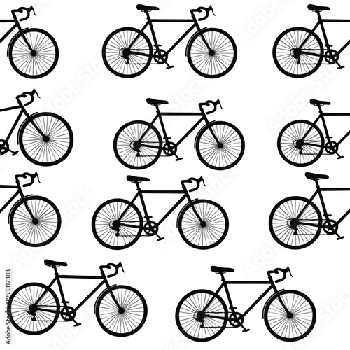 Nine minimalist black bicycles with thin spokes, arranged in three rows