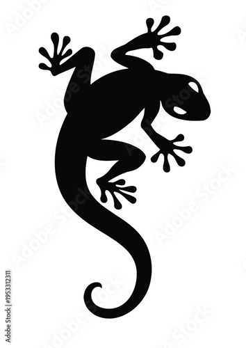 A sleek black silhouette of a gecko climbing on a plain background isolated on white background, Vector, illustration