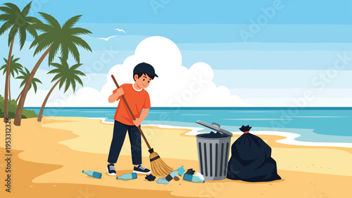Diligent boy sweeps plastic trash into a bin on a sandy beach near the ocean to promote environmental conservation and clean coastlines.
