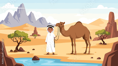 Young arab boy in traditional dress leads a camel across a vast desert landscape with mountains, palm trees, and a small pool of water.