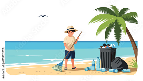 Young man wears a hat and uses a rake to collect plastic bottles and trash from a beach to help protect the ocean and coastal environment.