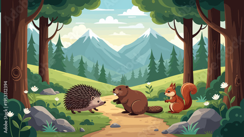 Hedgehog, beaver, and squirrel meet on a winding path through a beautiful green valley with snow-capped mountains and tall pine trees.