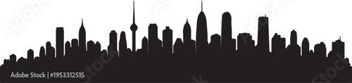 Vector silhouette of a sprawling city skyline featuring a prominent tower and varied architectural styles.
