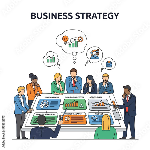 Business strategists brainstorm and outline plans on a table with diagrams