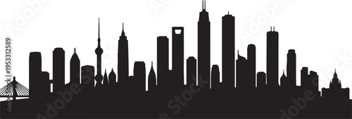 Diverse city skyline silhouette with a bridge and prominent skyscrapers, representing global urban development.