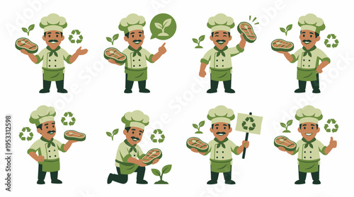 Chef with Steak and Eco Symbols - Diverse Poses