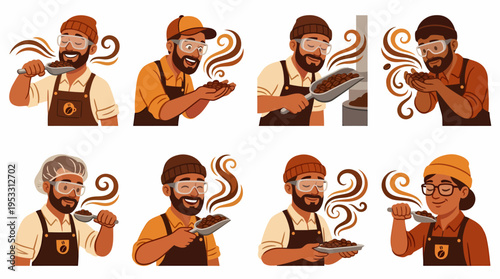 Coffee Roaster Smelling Aroma of Beans - Diverse Characters