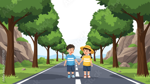 Young boy and girl walk hand in hand down a long asphalt road surrounded by tall trees and rocky hills under a bright summer sky.