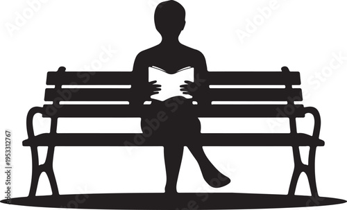 Black silhouette of a person sitting on a park bench reading a book