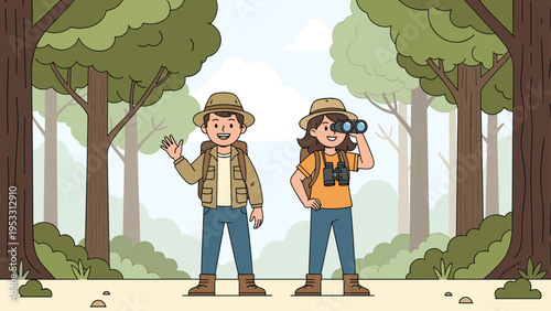 Man and woman hikers with backpacks and binoculars explore a dense forest trail surrounded by tall trees and lush green vegetation.