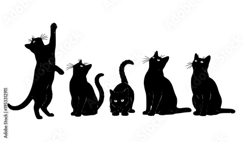 Cuadro en lienzo Black Cat Silhouettes Set Looking Up Curious Feline Poses Minimal Vector Illustr