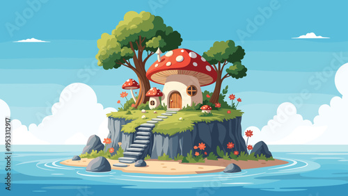 Whimsical mushroom house sits atop a rocky island cliff surrounded by the ocean with stone stairs leading up to the front door.