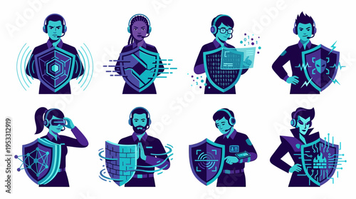 Cybersecurity Team with Digital Shields Protecting Data
