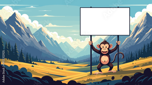 Happy monkey character holds up a blank white billboard sign in a vast mountain landscape with a winding river and golden fields.