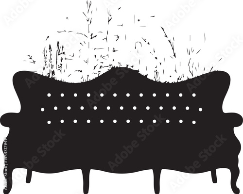 Black silhouette of a sofa with white dots and abstract lines