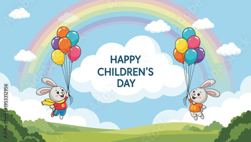 Two happy rabbits float through the sky with colorful balloons in front of a rainbow and clouds for children's day celebration.