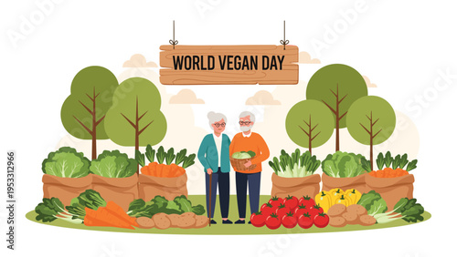 Elderly couple stands among a bountiful harvest of fresh vegetables to celebrate world vegan day in a peaceful outdoor setting.