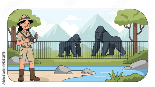 Park ranger with a camera takes photographs of two powerful gorillas behind a protective fence in a mountain zoo or wildlife park.