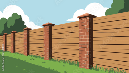 Long perspective of a sturdy wooden fence with brick pillars borders a green lawn under a bright blue sky with white clouds.