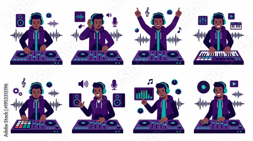 DJ performing music set with headphones and sound equipment