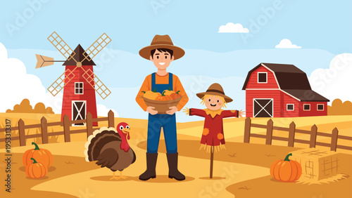 Cheerful farmer in a straw hat holds a basket of fresh pumpkins on his farm with a windmill, barn, turkey, and scarecrow.