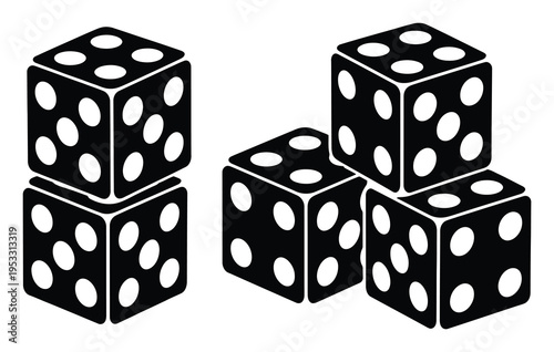 Black and white of dice stacked and arranged on a white background