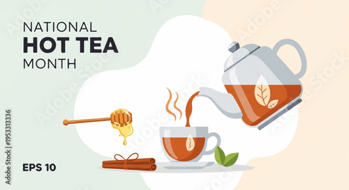 National hot tea month steaming cup of tea with honey and kettle on a saucer warm beverage